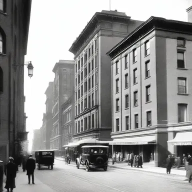 In the black and white photograph from the early 1900s, the canescent buildings stood in the backdrop of a bustling city street.