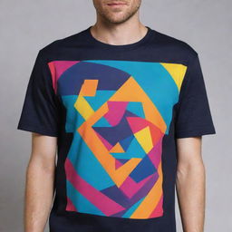 Generate a creative T-shirt design showcasing a fusion of abstract geometric shapes and vibrant colours.