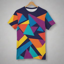 Generate a creative T-shirt design showcasing a fusion of abstract geometric shapes and vibrant colours.