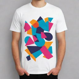 Generate a creative T-shirt design showcasing a fusion of abstract geometric shapes and vibrant colours.