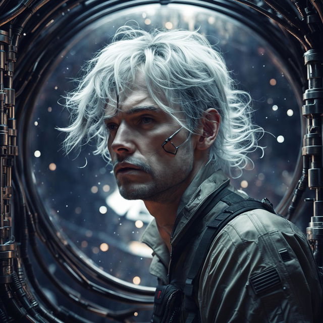 Futuristic scene: A single, handsome man with medium-length white hair gazes out into the boundless space. His face projects a conflicting blend of determination and regret, embodying the immense sacrifice he's made. Emphasize intricate detail and emotional intensity.