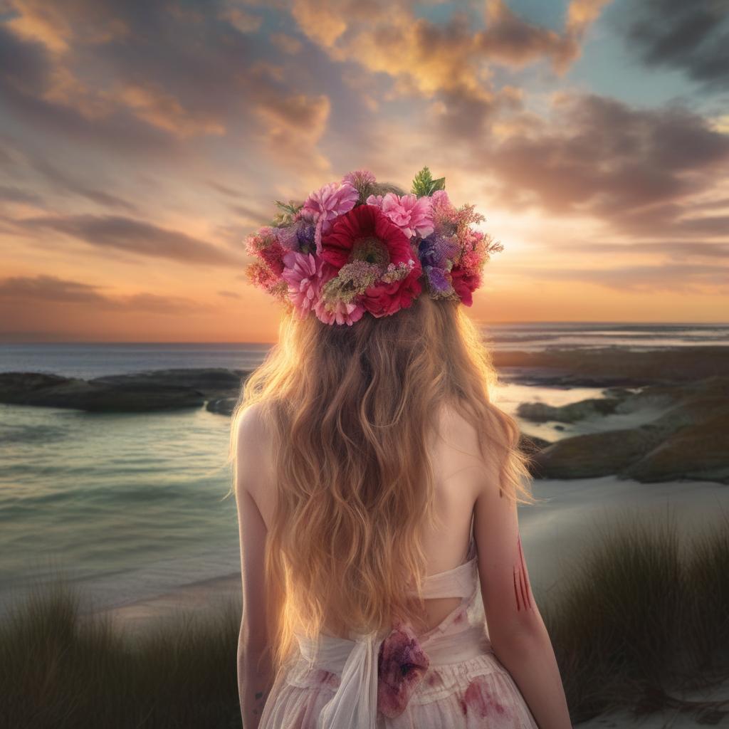 A hyper-realistic back view of a zombie, wearing a flower headpiece, gazing at a breathtaking sunset on a peaceful beach.