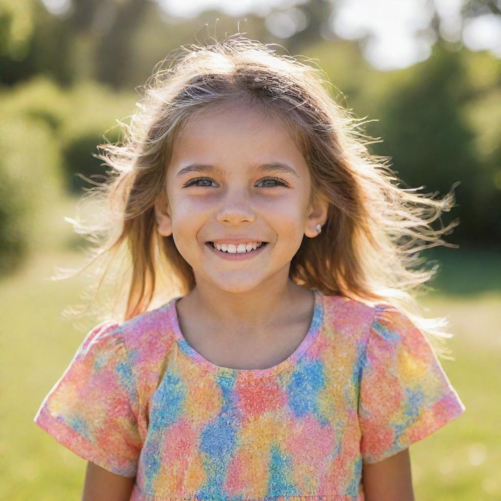 A young girl with sparkling eyes and a joyful smile, dressed in vibrant attire amidst a serene, sunny, outdoor background.