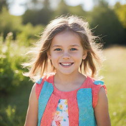 A young girl with sparkling eyes and a joyful smile, dressed in vibrant attire amidst a serene, sunny, outdoor background.