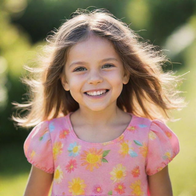 A young girl with sparkling eyes and a joyful smile, dressed in vibrant attire amidst a serene, sunny, outdoor background.