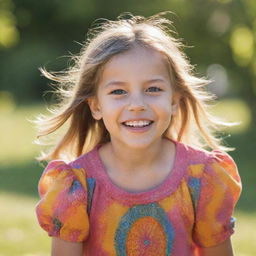 A young girl with sparkling eyes and a joyful smile, dressed in vibrant attire amidst a serene, sunny, outdoor background.