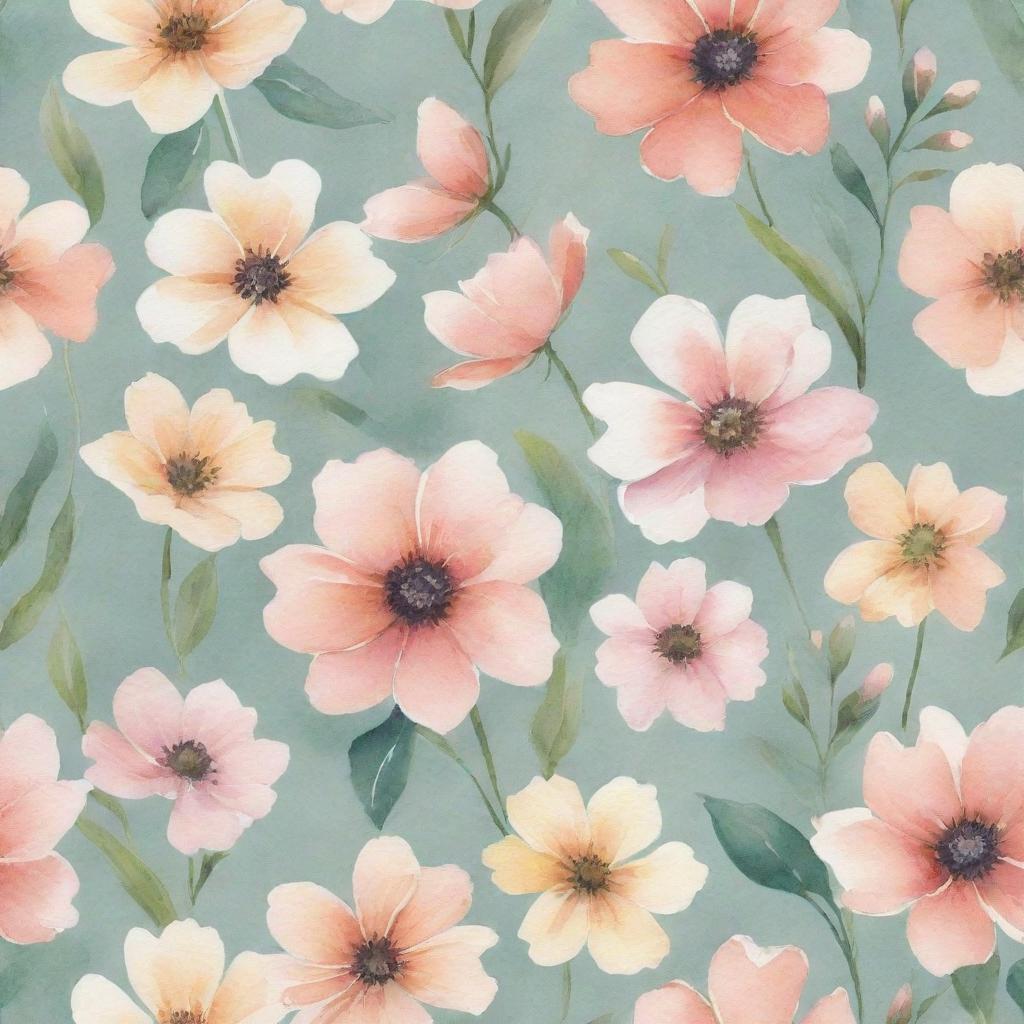 Illustrate a collection of delicate watercolor flowers blooming with a palette of pastel hues.