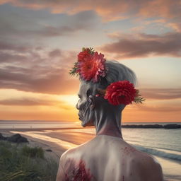 Hyper-realistic view from behind of a zombie with grey skin and a flower headpiece, mesmerized by a gorgeous sunset on a tranquil beach.