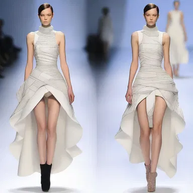 The designer presented a dress that contorted the traditional silhouette, creating a unique and avant-garde look.