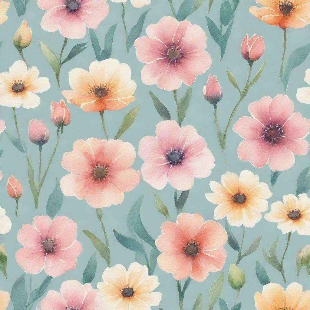 Illustrate a collection of delicate watercolor flowers blooming with a palette of pastel hues.