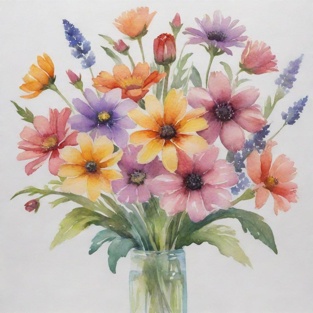 Inspire AI artwork of a bouquet of various types of flowers presented in a soft wash of watercolors.