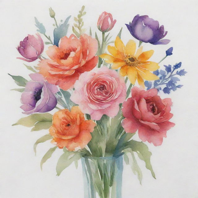 Inspire AI artwork of a bouquet of various types of flowers presented in a soft wash of watercolors.