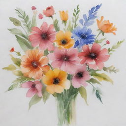 Inspire AI artwork of a bouquet of various types of flowers presented in a soft wash of watercolors.