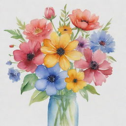 Inspire AI artwork of a bouquet of various types of flowers presented in a soft wash of watercolors.