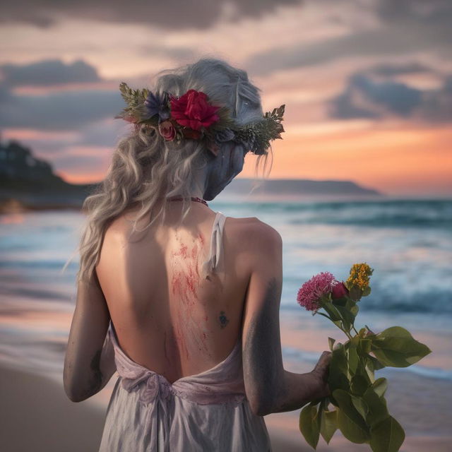 Hyper-realistic view from behind of a zombie with grey skin and a flower headpiece, mesmerized by a gorgeous sunset on a tranquil beach.