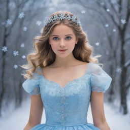 A queenly girl with dark blonde hair, glassy rainbow-colored eyes, adorned in a light blue dress, ruling over a realm of snowflakes.