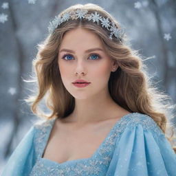 A queenly girl with dark blonde hair, glassy rainbow-colored eyes, adorned in a light blue dress, ruling over a realm of snowflakes.