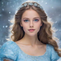 A queenly girl with dark blonde hair, glassy rainbow-colored eyes, adorned in a light blue dress, ruling over a realm of snowflakes.