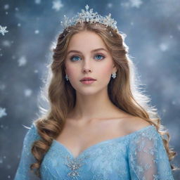 A queenly girl with dark blonde hair, glassy rainbow-colored eyes, adorned in a light blue dress, ruling over a realm of snowflakes.