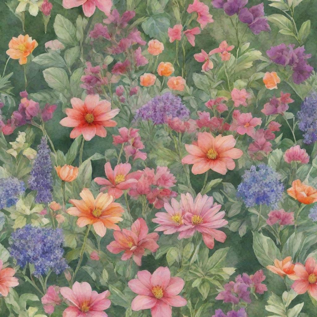 Generate an image of a lush garden filled with various types of flowers, rendered in a beautiful watercolor style.