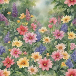 Generate an image of a lush garden filled with various types of flowers, rendered in a beautiful watercolor style.