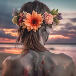 Hyper-realistic view from behind of a zombie with grey skin and a flower headpiece, mesmerized by a gorgeous sunset on a tranquil beach.