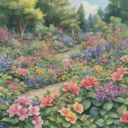 Generate an image of a lush garden filled with various types of flowers, rendered in a beautiful watercolor style.