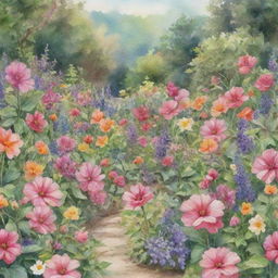 Generate an image of a lush garden filled with various types of flowers, rendered in a beautiful watercolor style.