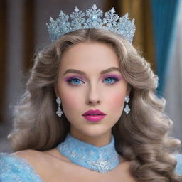 A stunning girl with dark blonde hair, rainbow-colored eyes, and big pink lips. She's the queen of snowflakes, regally dressed in a light blue gown.