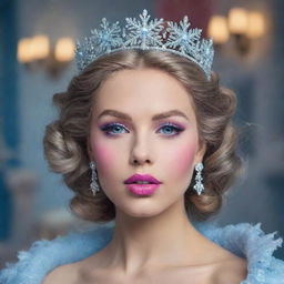 A stunning girl with dark blonde hair, rainbow-colored eyes, and big pink lips. She's the queen of snowflakes, regally dressed in a light blue gown.