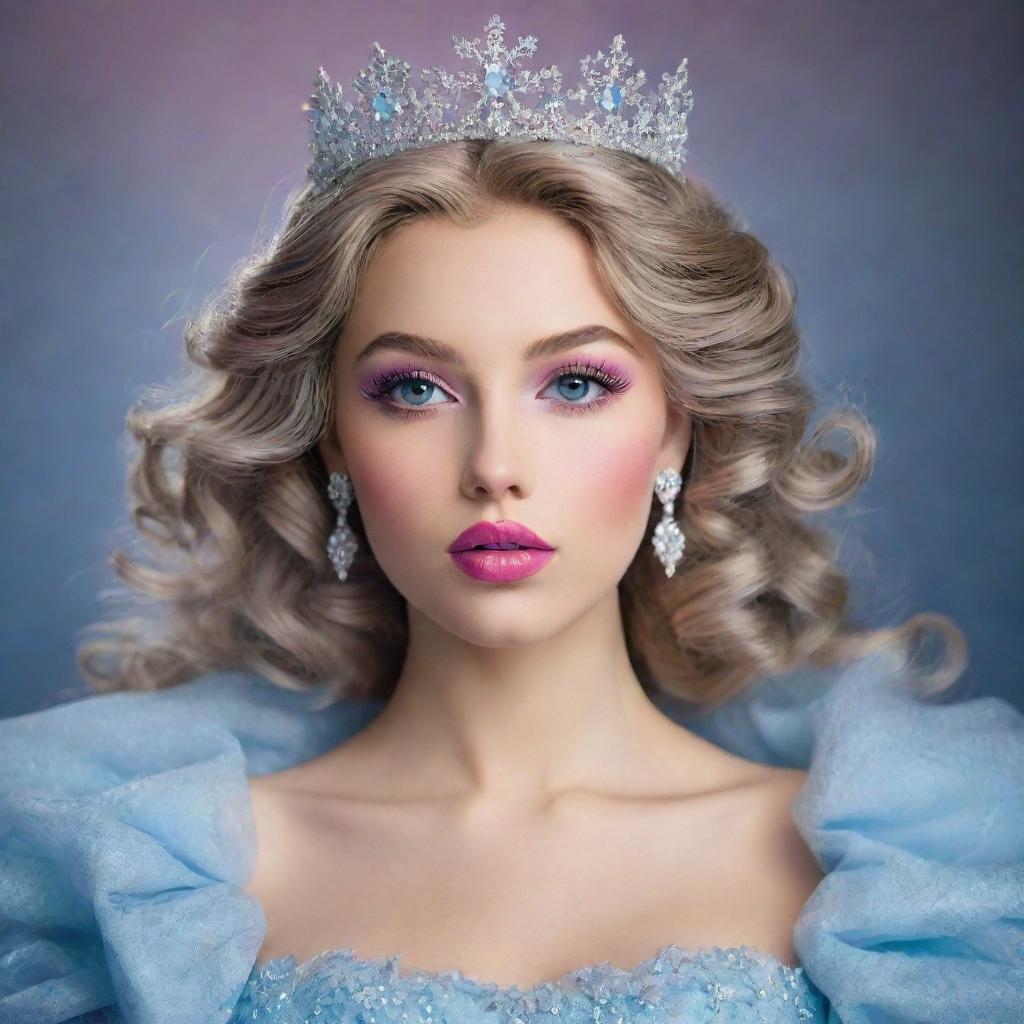 A stunning girl with dark blonde hair, rainbow-colored eyes, and big pink lips. She's the queen of snowflakes, regally dressed in a light blue gown.