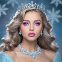 A stunning girl with dark blonde hair, rainbow-colored eyes, and big pink lips. She's the queen of snowflakes, regally dressed in a light blue gown.