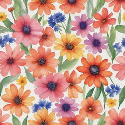 Create an image of a diverse range of flowers captured in a vibrant watercolor painting style.