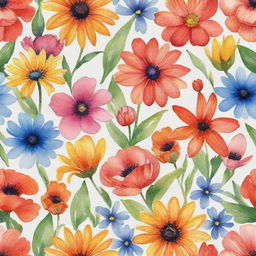 Create an image of a diverse range of flowers captured in a vibrant watercolor painting style.