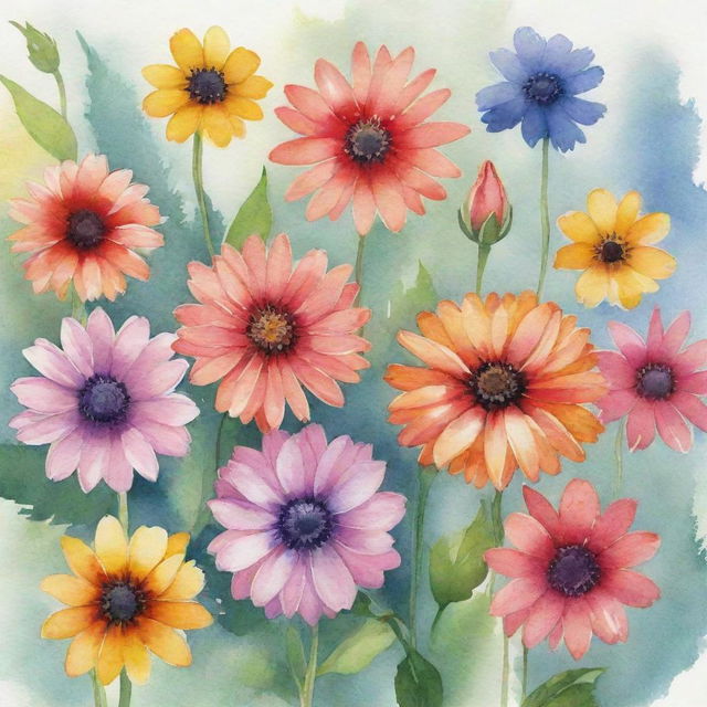 Create an image of a diverse range of flowers captured in a vibrant watercolor painting style.