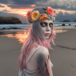 Hyper-realistic view from behind of a zombie with grey skin and a flower headpiece, mesmerized by a gorgeous sunset on a tranquil beach.