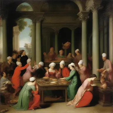 The painting depicted a scene of lavish dissipation, with characters indulging in feasts and wild revelry.