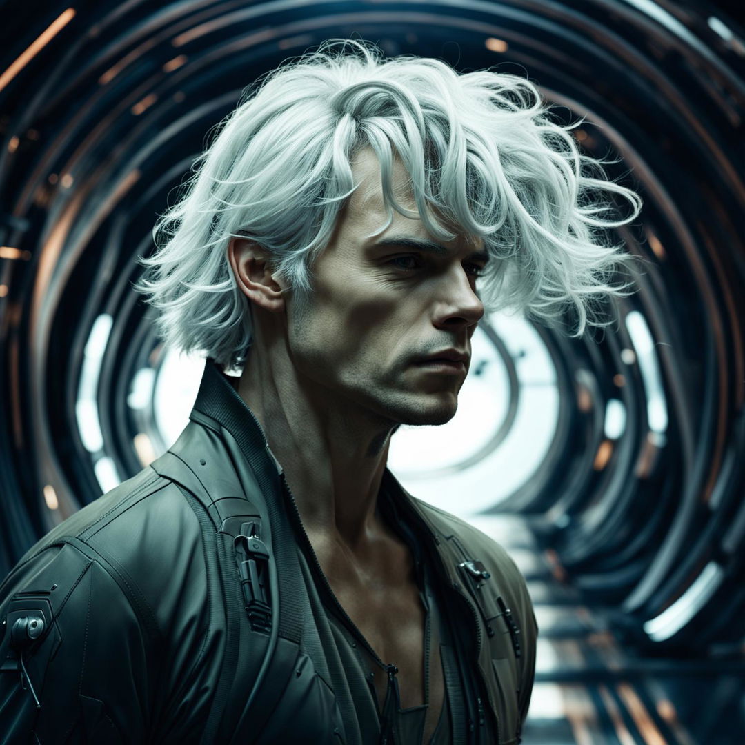 Capture an extraordinarily handsome man with medium-length white hair in a futuristic setting. He is staring into space, his face a testament to his difficult, emotional decision. Ensure remarkable intricacy in each detail and intense emotion.