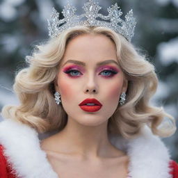 A stunning woman with blonde hair, rainbow eyes, and big exotic beautiful lips. Clad in a light red dress, she is hailed as the queen of snow.