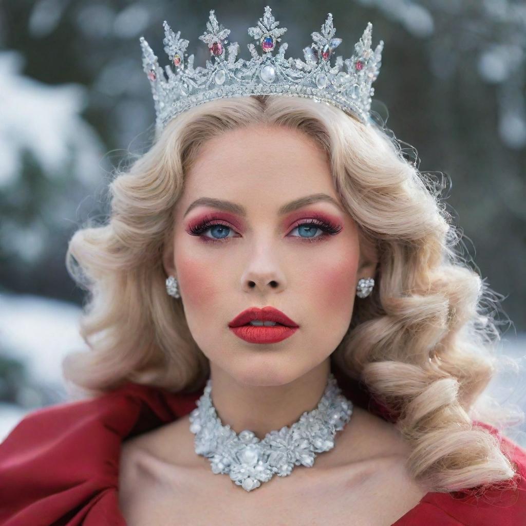 A stunning woman with blonde hair, rainbow eyes, and big exotic beautiful lips. Clad in a light red dress, she is hailed as the queen of snow.