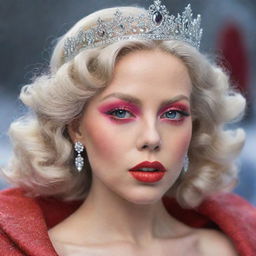 A stunning woman with blonde hair, rainbow eyes, and big exotic beautiful lips. Clad in a light red dress, she is hailed as the queen of snow.