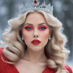 A stunning woman with blonde hair, rainbow eyes, and big exotic beautiful lips. Clad in a light red dress, she is hailed as the queen of snow.