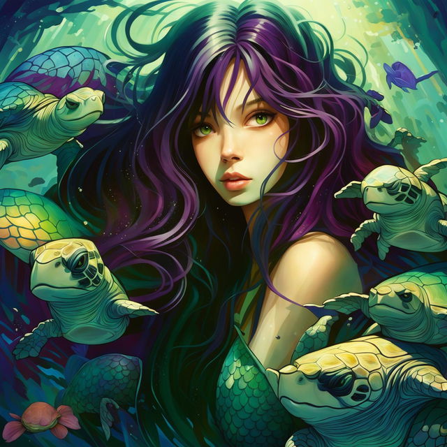 Exquisite mermaid with swirling long dark hair, fluorescent green eyes and green and purple tail scales. She possesses a stunning contrast of very pale skin, underwater, accompanied by turtles.