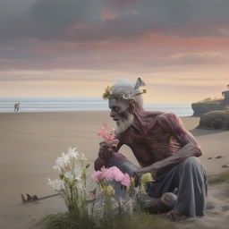 Hyper-realistic candid portrayal of a grey-skinned zombie with a flower headpiece on a beach at dawn, with an old man peacefully fishing in the distance.