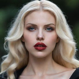 A stunning vampire woman with blonde hair and big, beautiful lips, showcasing her natural beauty without any makeup.