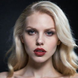 A stunning vampire woman with blonde hair and big, beautiful lips, showcasing her natural beauty without any makeup.