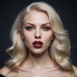 A stunning vampire woman with blonde hair and big, beautiful lips, showcasing her natural beauty without any makeup.