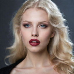 A stunning vampire woman with blonde hair and big, beautiful lips, showcasing her natural beauty without any makeup.