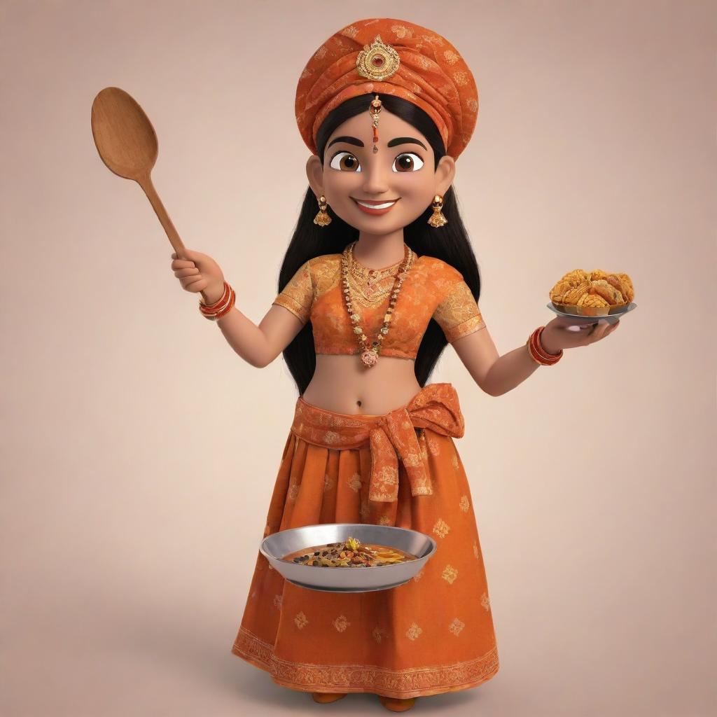 Generate an image of a mascot inspired by Varanasi women, dressed in traditional attire, holding cooking utensils and a plate full of food.