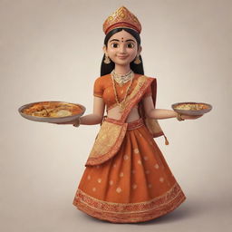 Generate an image of a mascot inspired by Varanasi women, dressed in traditional attire, holding cooking utensils and a plate full of food.